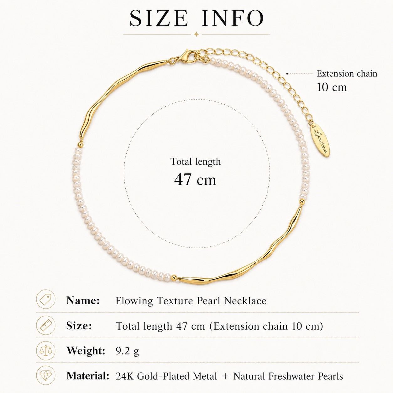 Size information for Lyastone Imperfect Bloom Pearl Necklace 47 cm with 10 cm extension chain