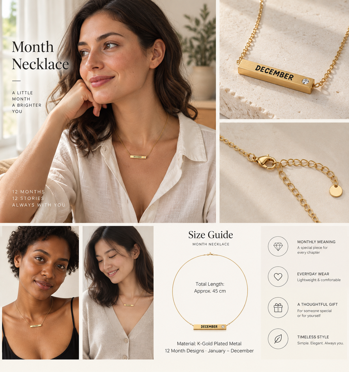 Lyastone Month of Love necklace guide showing approximately 45 cm total length, K-gold plated metal and January to December designs