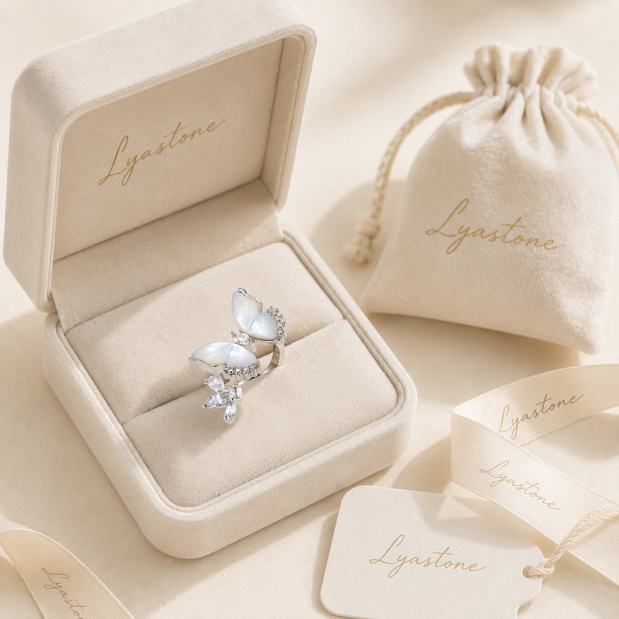 Moonveil Butterfly Ring displayed in Lyastone gift packaging