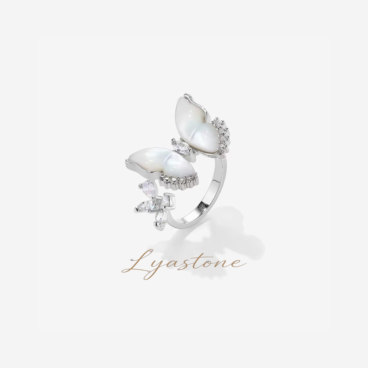 Moonveil Butterfly Ring in silver tone with white mother of pearl butterfly wings by Lyastone