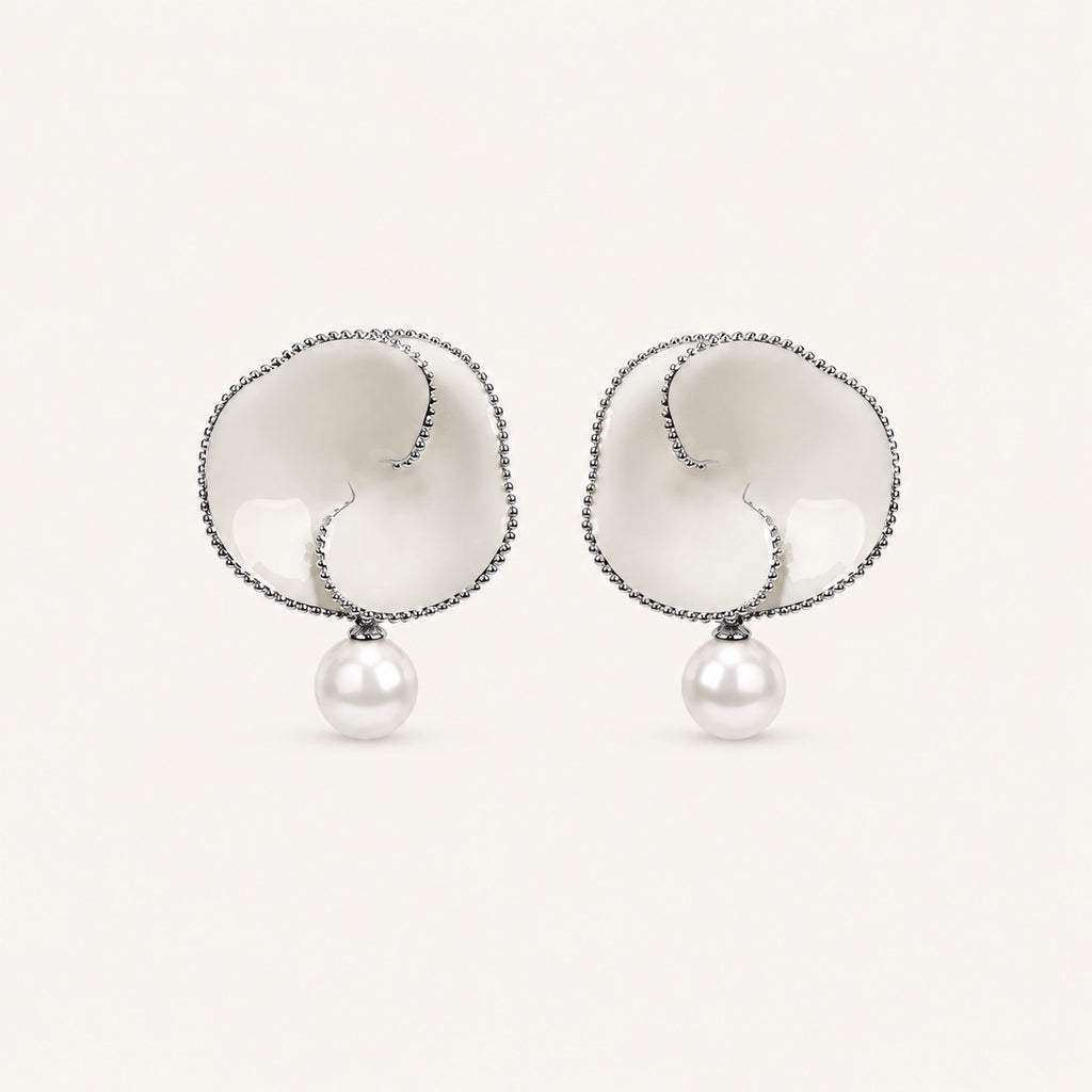Nacre Bloom Earrings in silver tone with natural mother-of-pearl petals and faux pearl drops