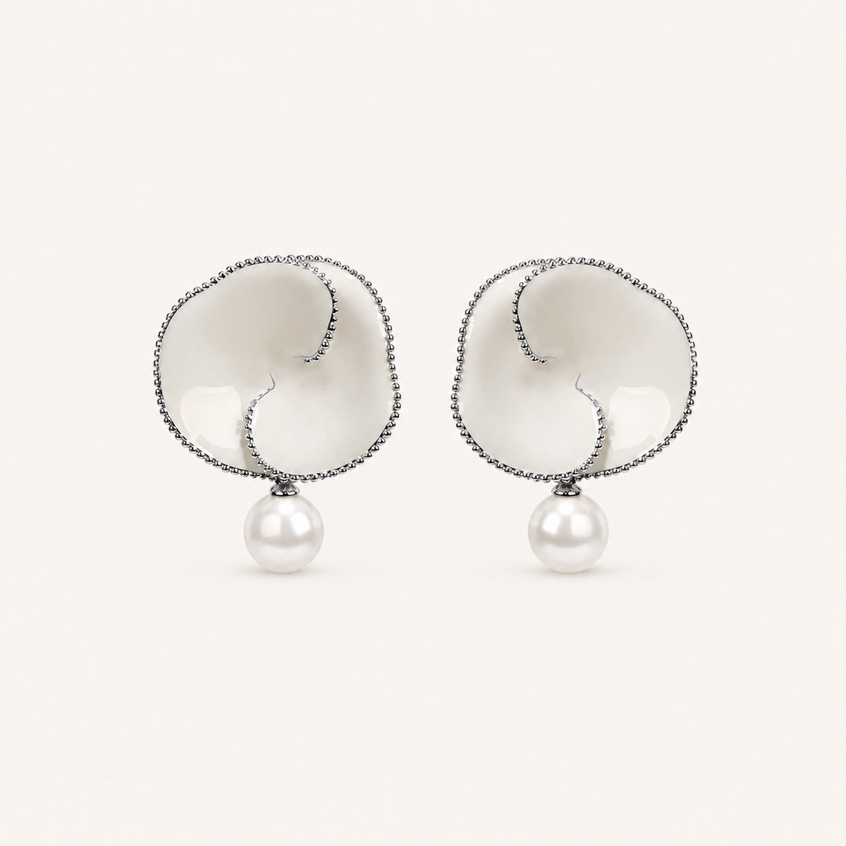 Nacre Bloom Earrings in silver tone with natural mother-of-pearl petals and faux pearl drops