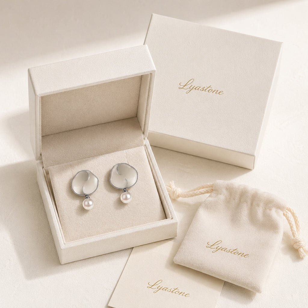 Nacre Bloom Earrings presented in Lyastone gift-ready packaging