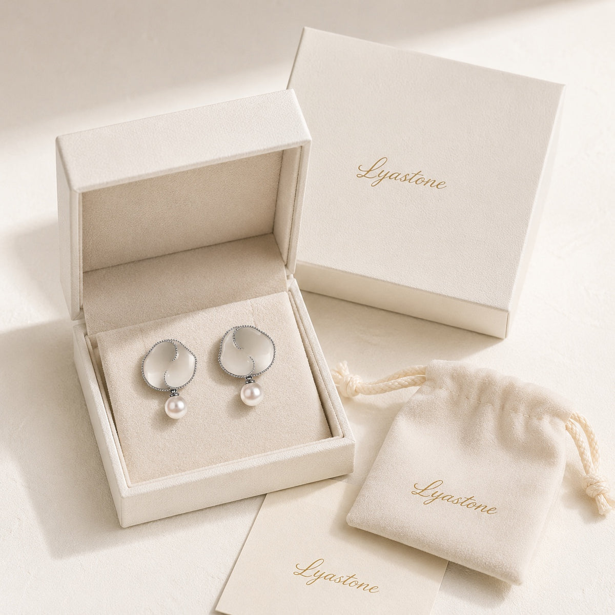 Nacre Bloom Earrings presented in Lyastone gift-ready packaging