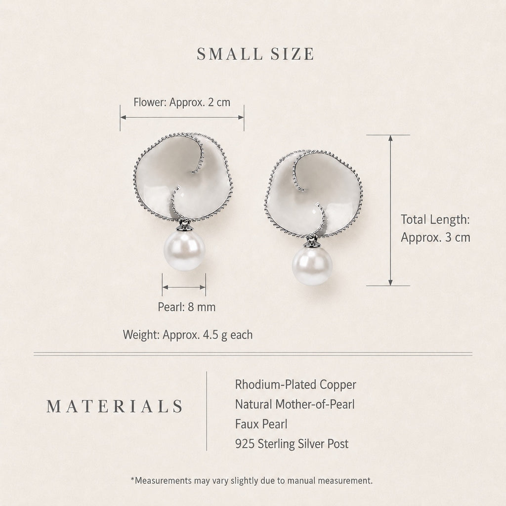 Nacre Bloom Earrings size and material guide showing 2 cm flower, 3 cm length, 8 mm pearl and 4.5 g each