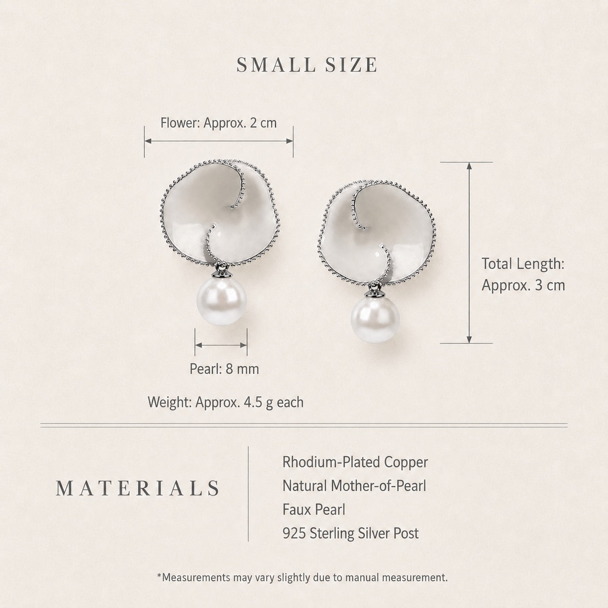 Nacre Bloom Earrings size and material guide showing 2 cm flower, 3 cm length, 8 mm pearl and 4.5 g each