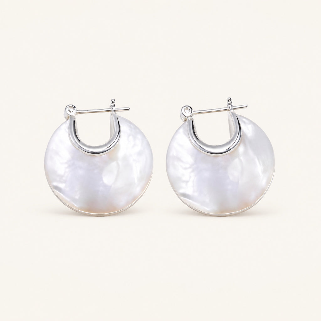 Nacre Disc Hoop Earrings in 925 sterling silver with white mother-of-pearl discs