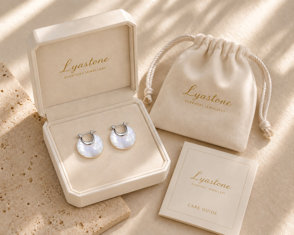 Nacre Disc Hoop Earrings in Lyastone gift-ready packaging