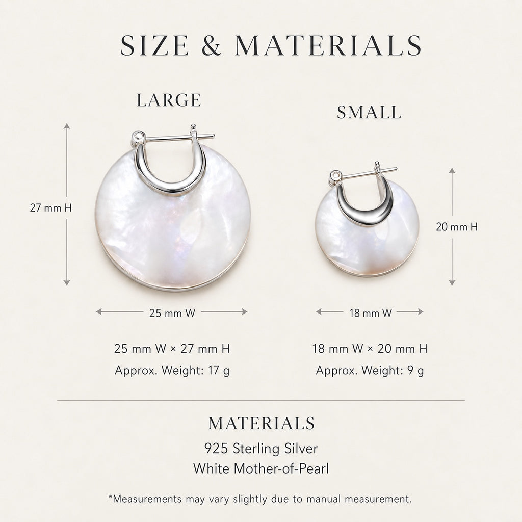 Nacre Disc Hoop Earrings size and material guide for Large and Small