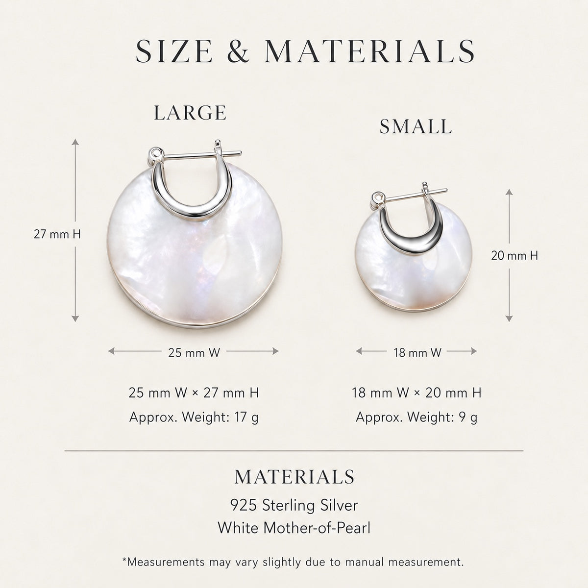 Nacre Disc Hoop Earrings size and material guide for Large and Small