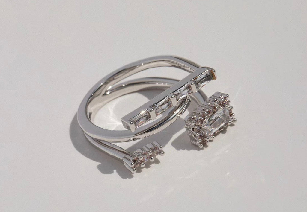 Detail view of the Parallel Prism Zircon Ring with baguette and pave cubic zirconia