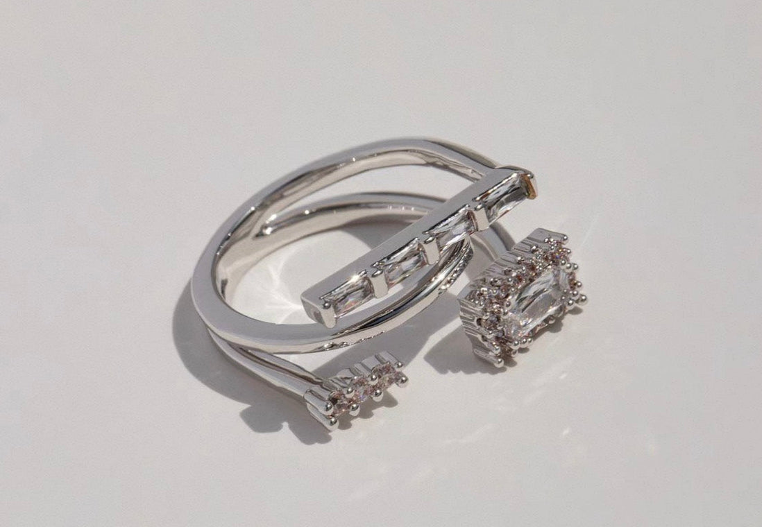 Detail view of the Parallel Prism Zircon Ring with baguette and pave cubic zirconia