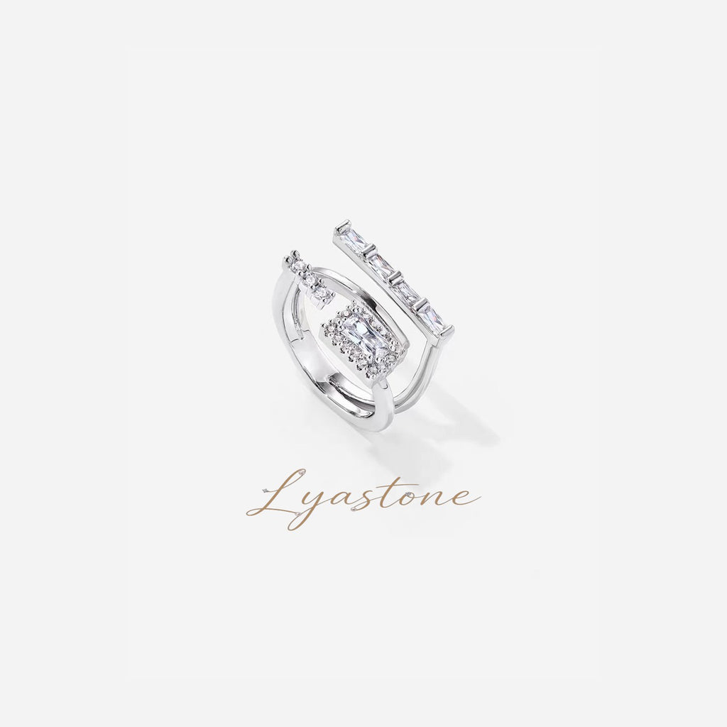 Parallel Prism Zircon Ring in platinum-plated silver tone with cubic zirconia by Lyastone