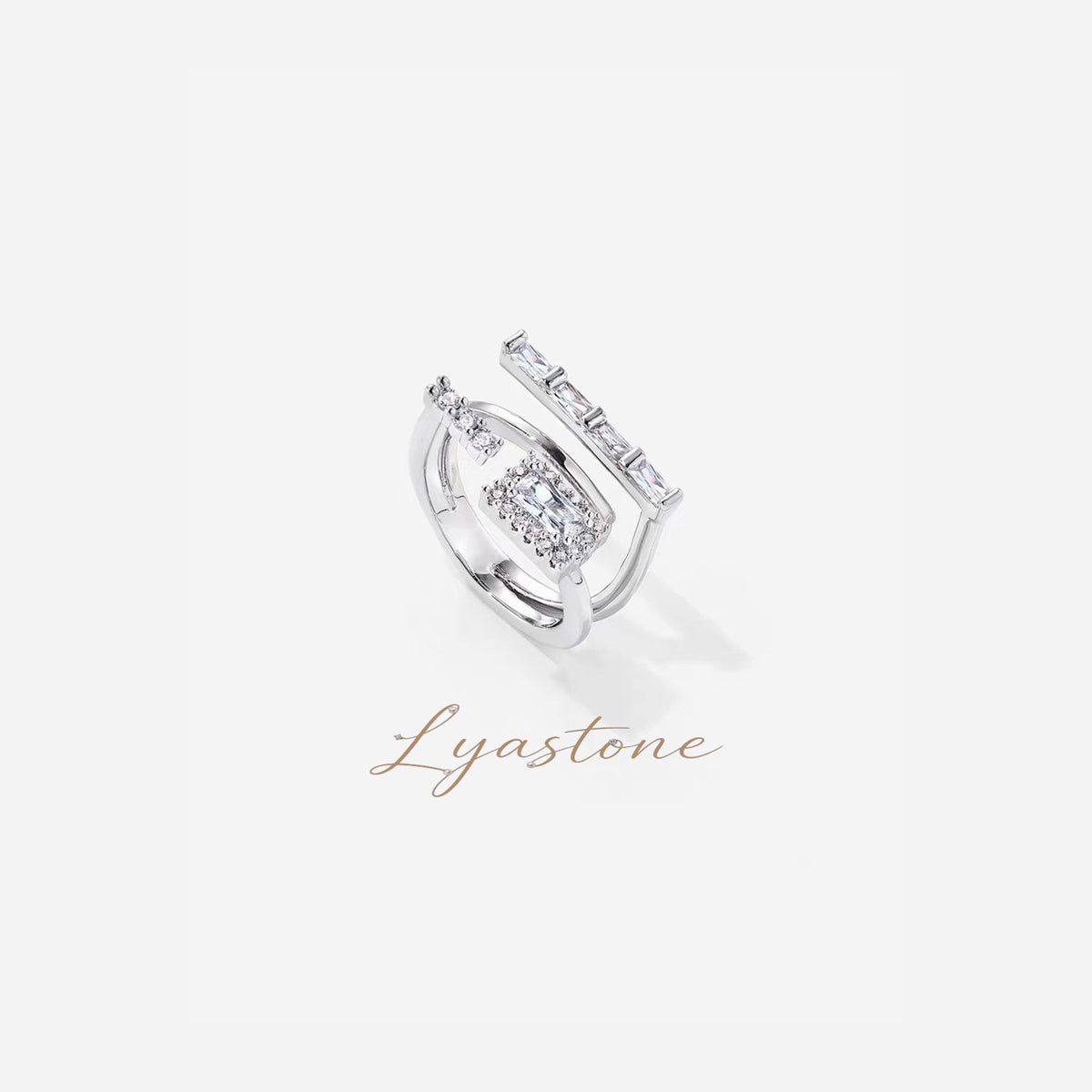 Parallel Prism Zircon Ring in platinum-plated silver tone with cubic zirconia by Lyastone