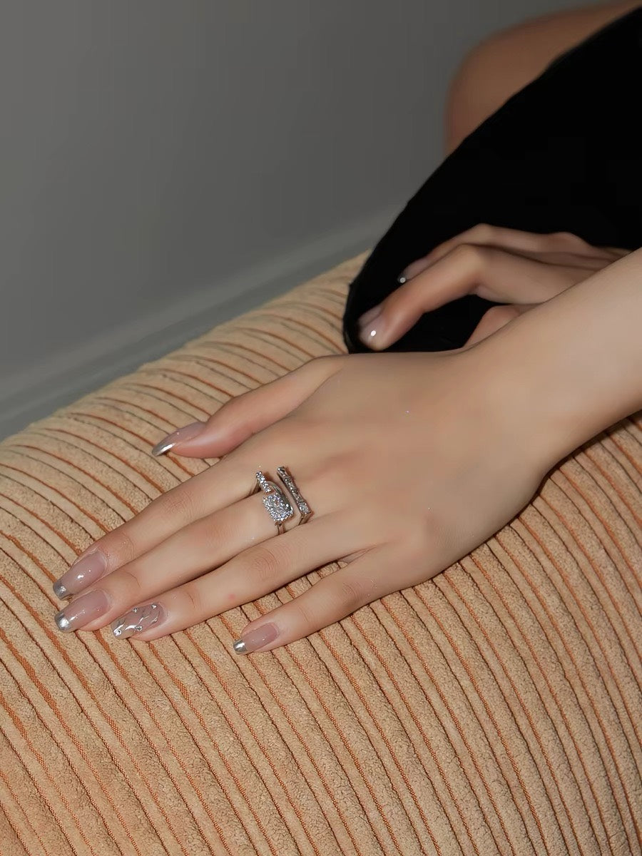 Parallel Prism Zircon Ring worn on hand showing silver cubic zirconia sparkle