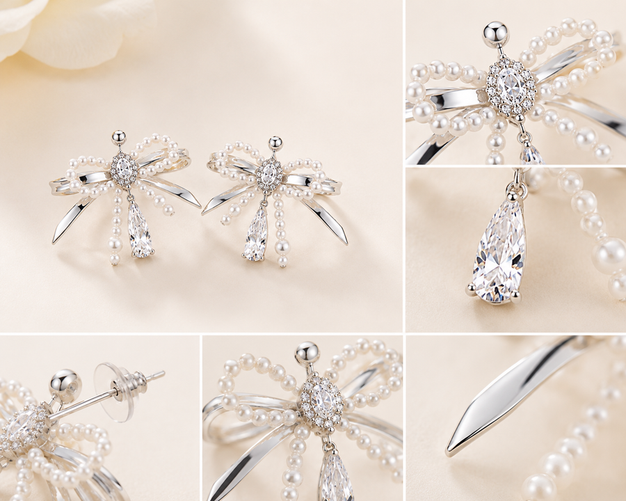 Close-up details of pearl bow cubic zirconia earrings with sterling silver pins