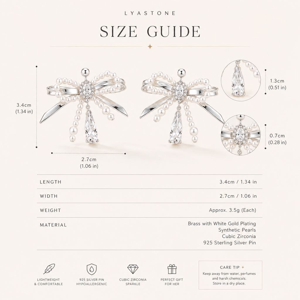 Pearl bow earrings size guide 3.4 cm by 2.7 cm