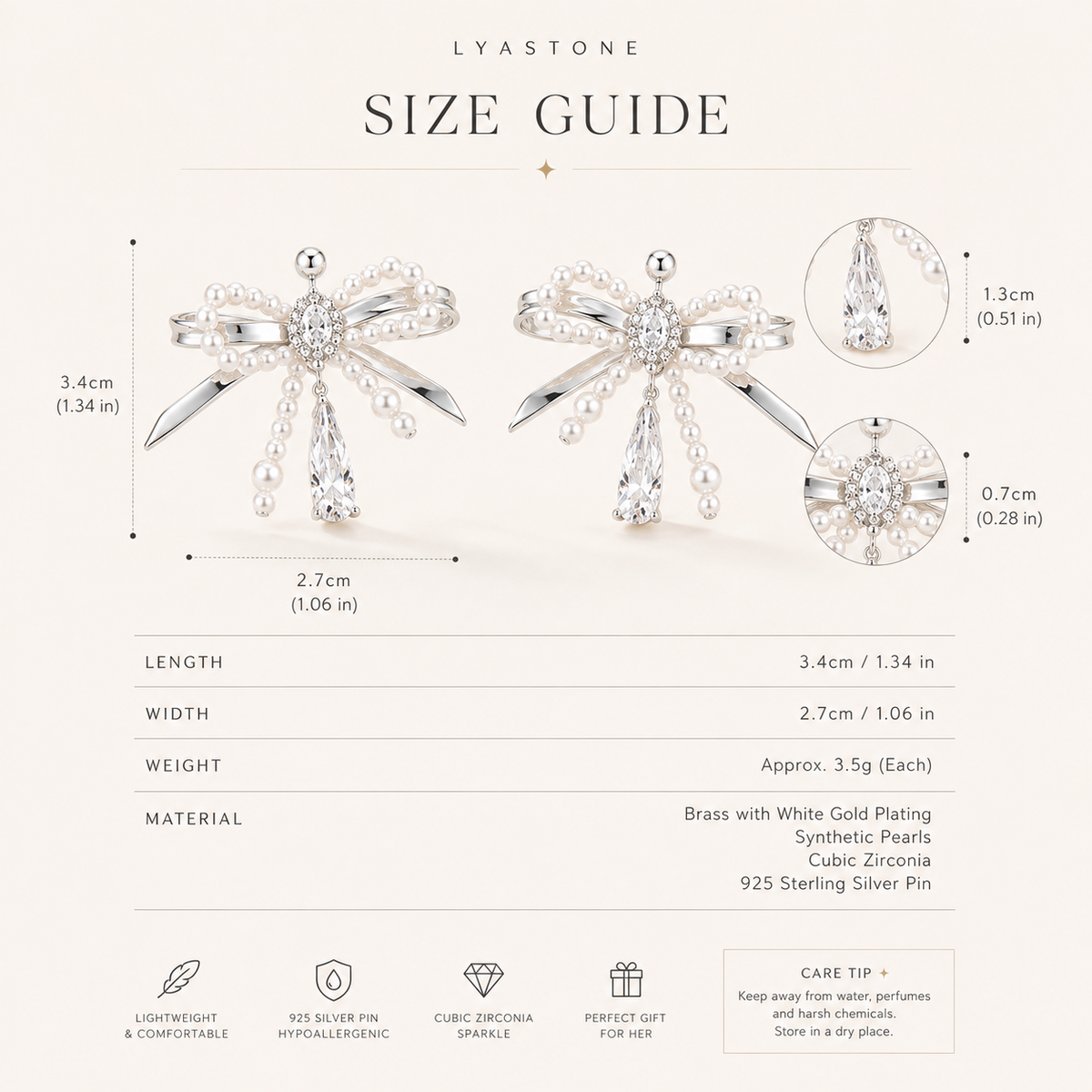 Pearl bow earrings size guide 3.4 cm by 2.7 cm