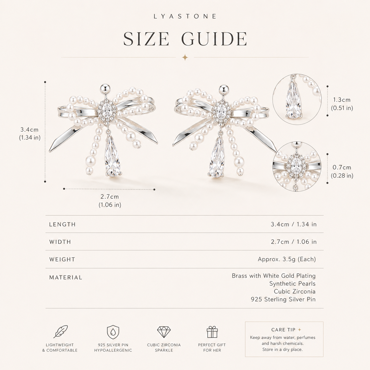 Pearl bow earrings size guide 3.4 cm by 2.7 cm