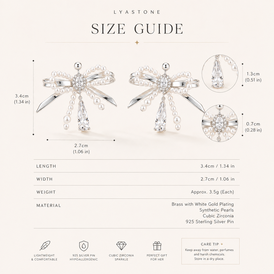Pearl bow earrings size guide 3.4 cm by 2.7 cm