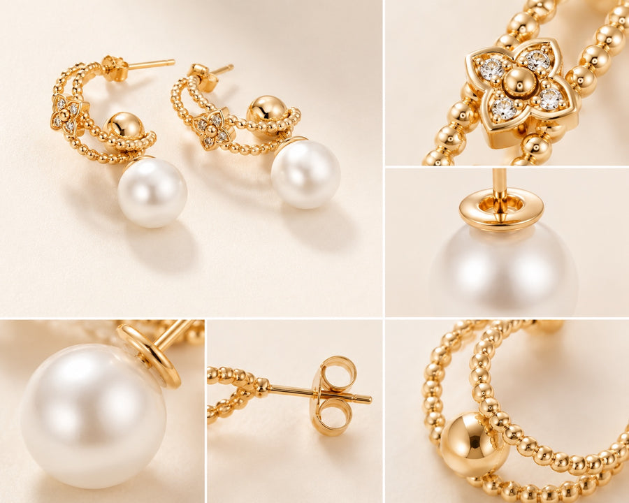 Close-up details of gold pearl floral drop earrings with cubic zirconia