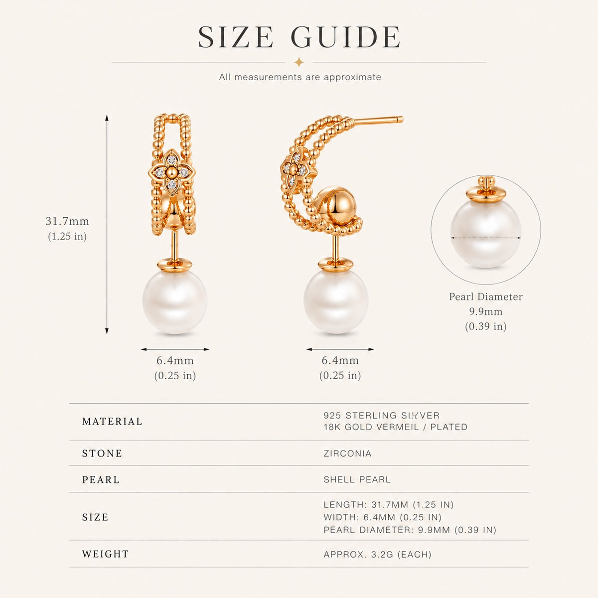 Pearl floral drop earrings size guide 31.7mm length and 9.9mm pearl