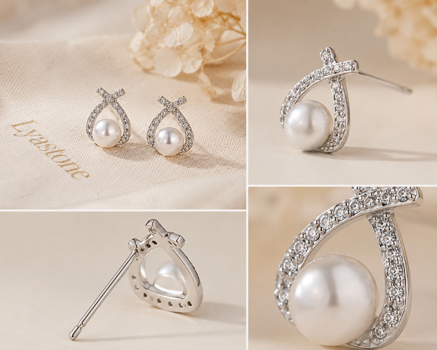 Pearl Knot Studs close-up sterling silver and cubic zirconia details