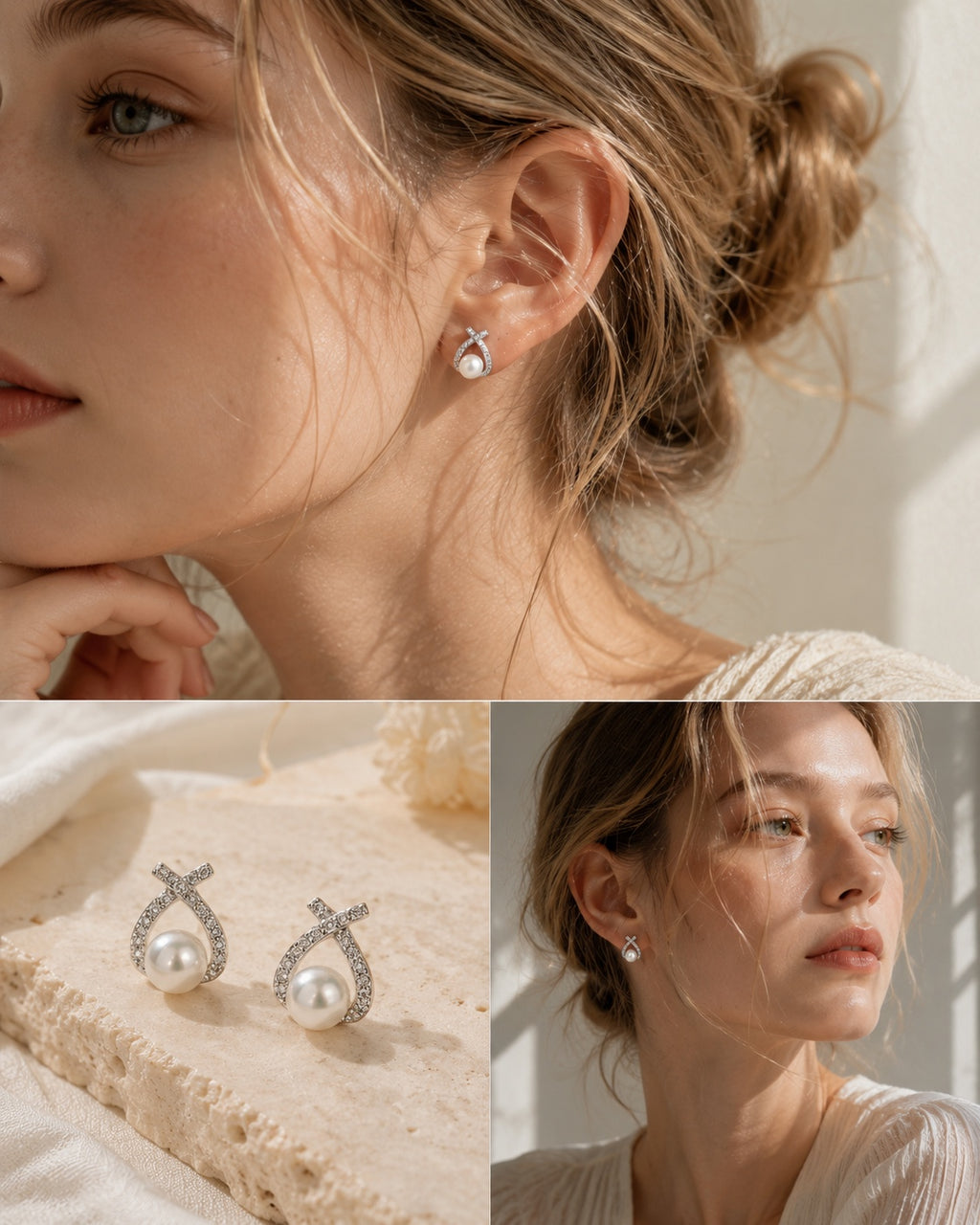 Model wearing Lyastone Pearl Knot Studs