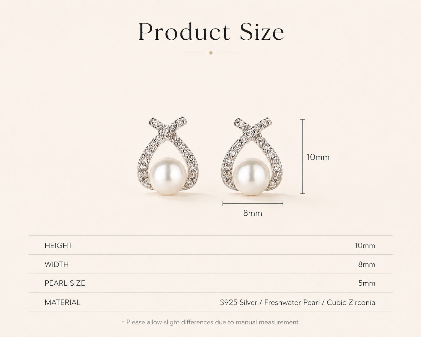 Pearl Knot Studs size guide 10mm high and 8mm wide