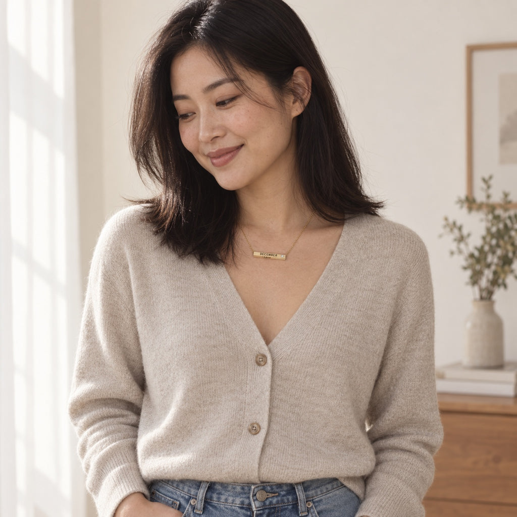 December Month of Love necklace styled with a neutral cardigan
