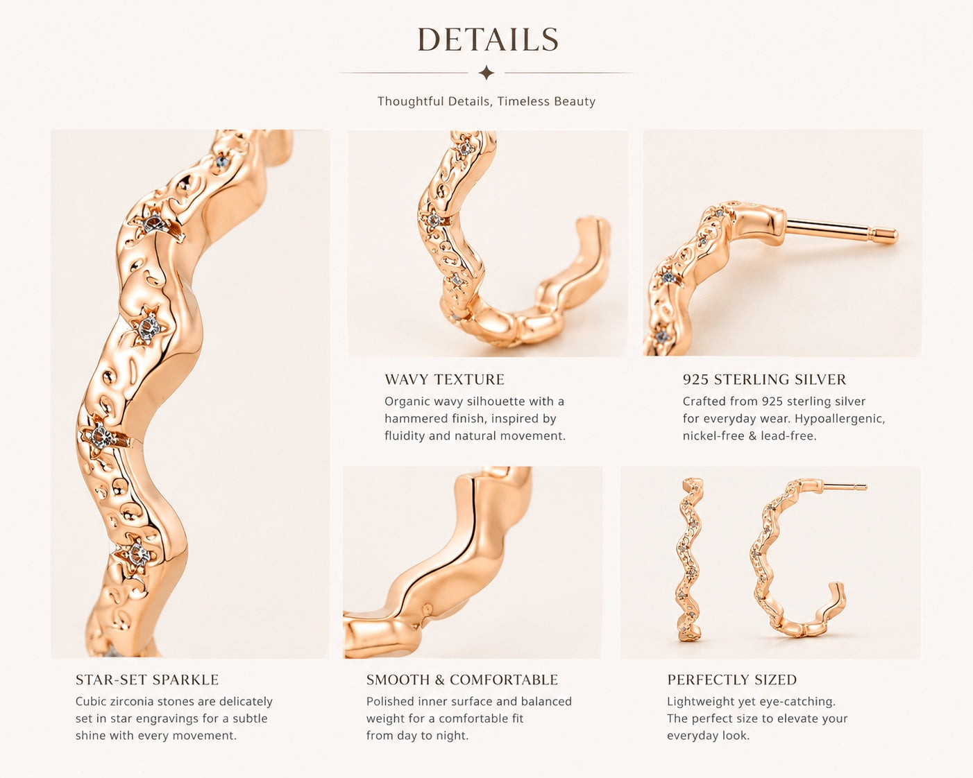 Close-up details of Lyastone sculpted wavy cubic zirconia hoop earrings