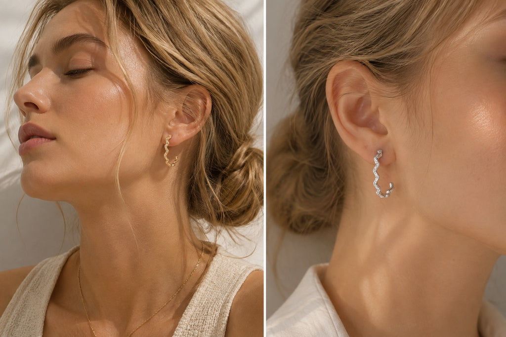 Model wearing Lyastone wavy hoop earrings in gold and silver