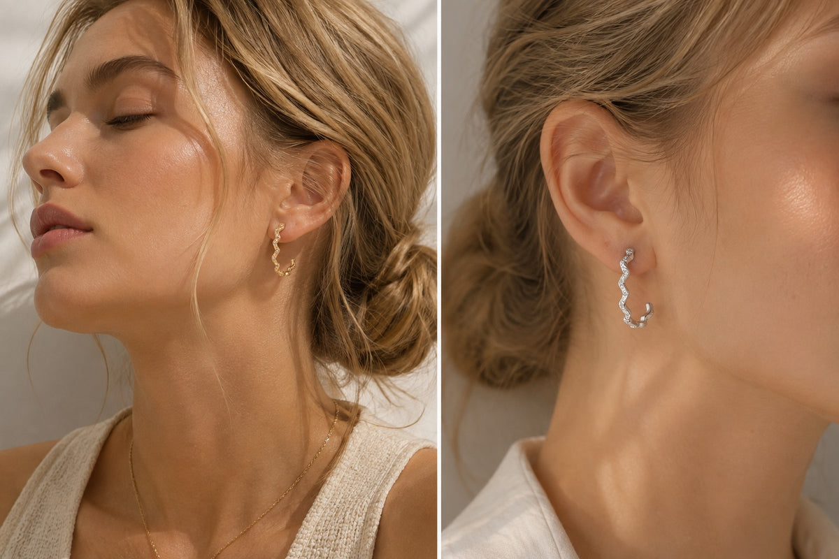 Model wearing Lyastone wavy hoop earrings in gold and silver