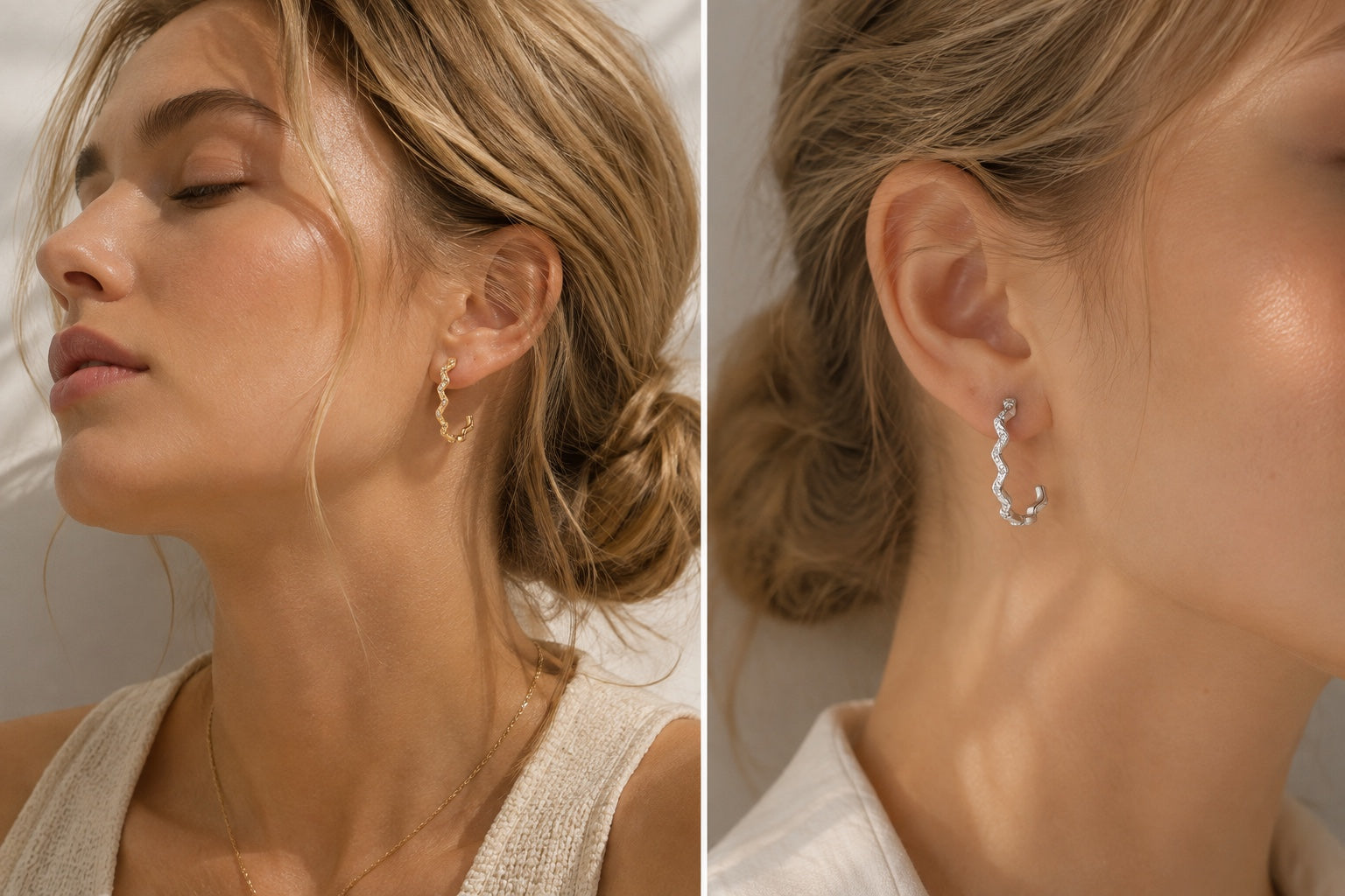 Model wearing Lyastone wavy hoop earrings in gold and silver