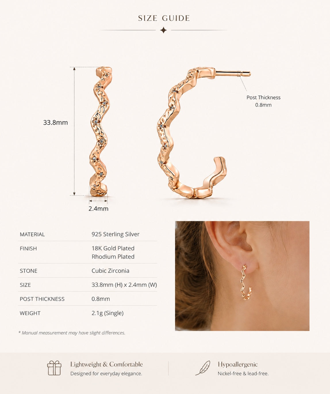 Lyastone wavy hoop earrings size guide 33.8mm by 2.4mm