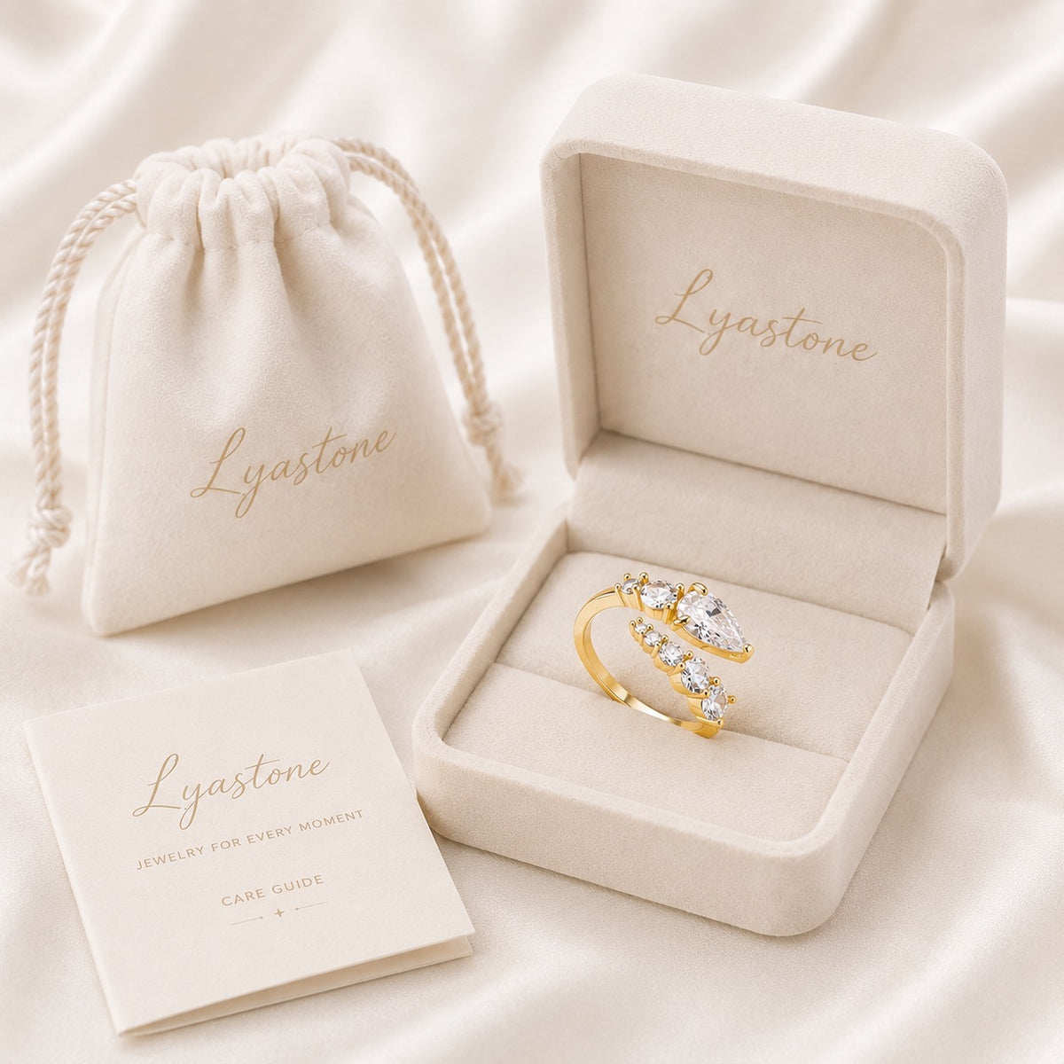 Seraphine Crystal Serpent Ring displayed in Lyastone gift packaging