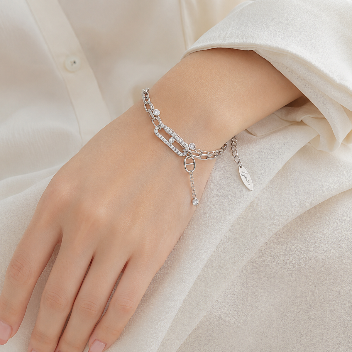 Elara Crystal Link Bracelet worn on wrist