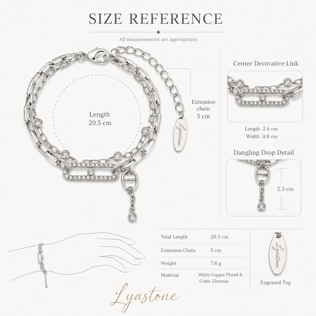 Elara Crystal Link Bracelet size guide