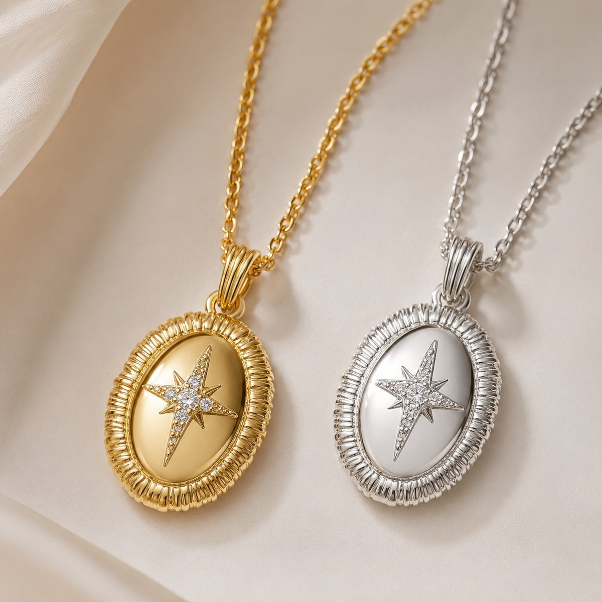 Close up of Stella Oval Pendant Necklace in gold and silver finishes