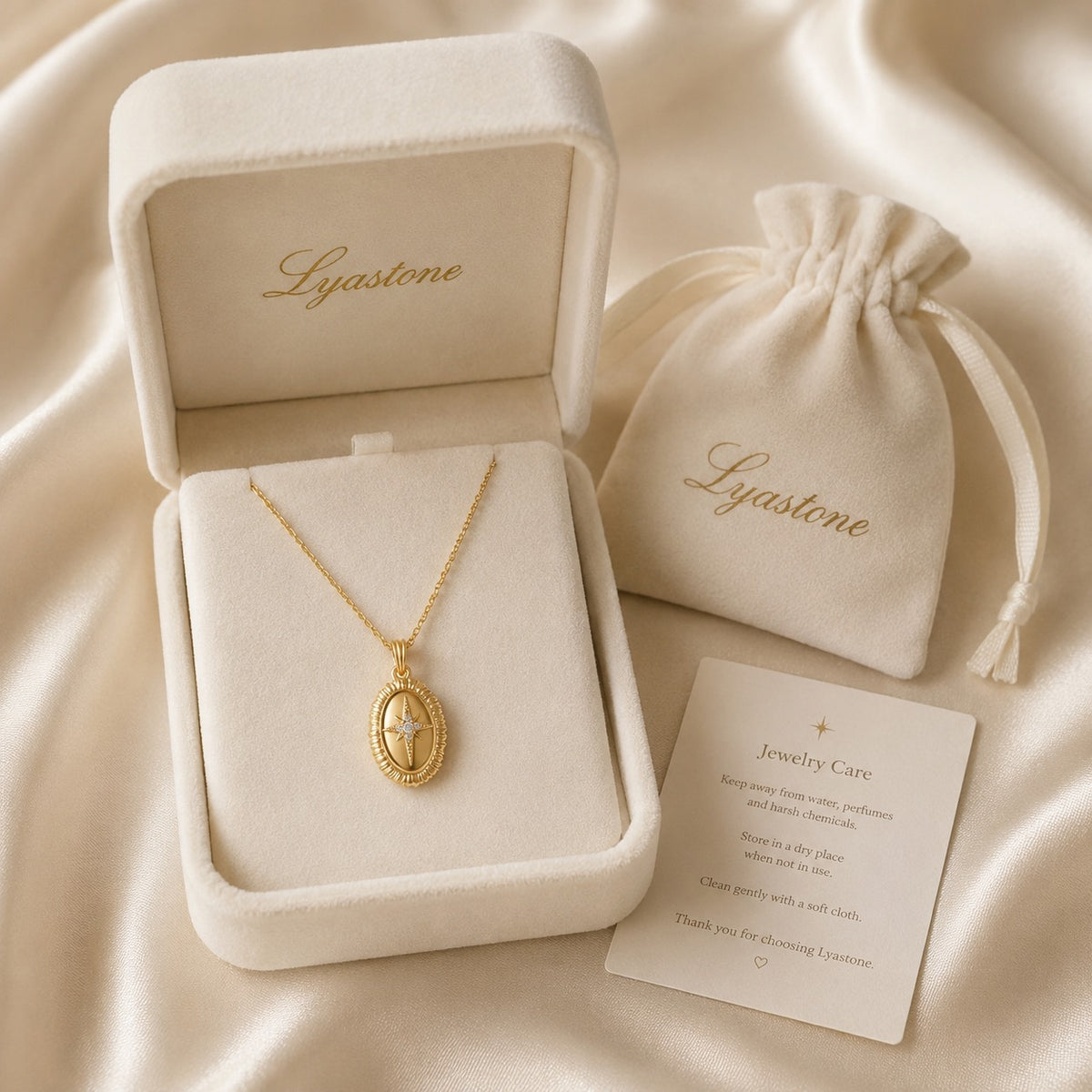 Stella Oval Pendant Necklace in gold displayed in Lyastone gift packaging