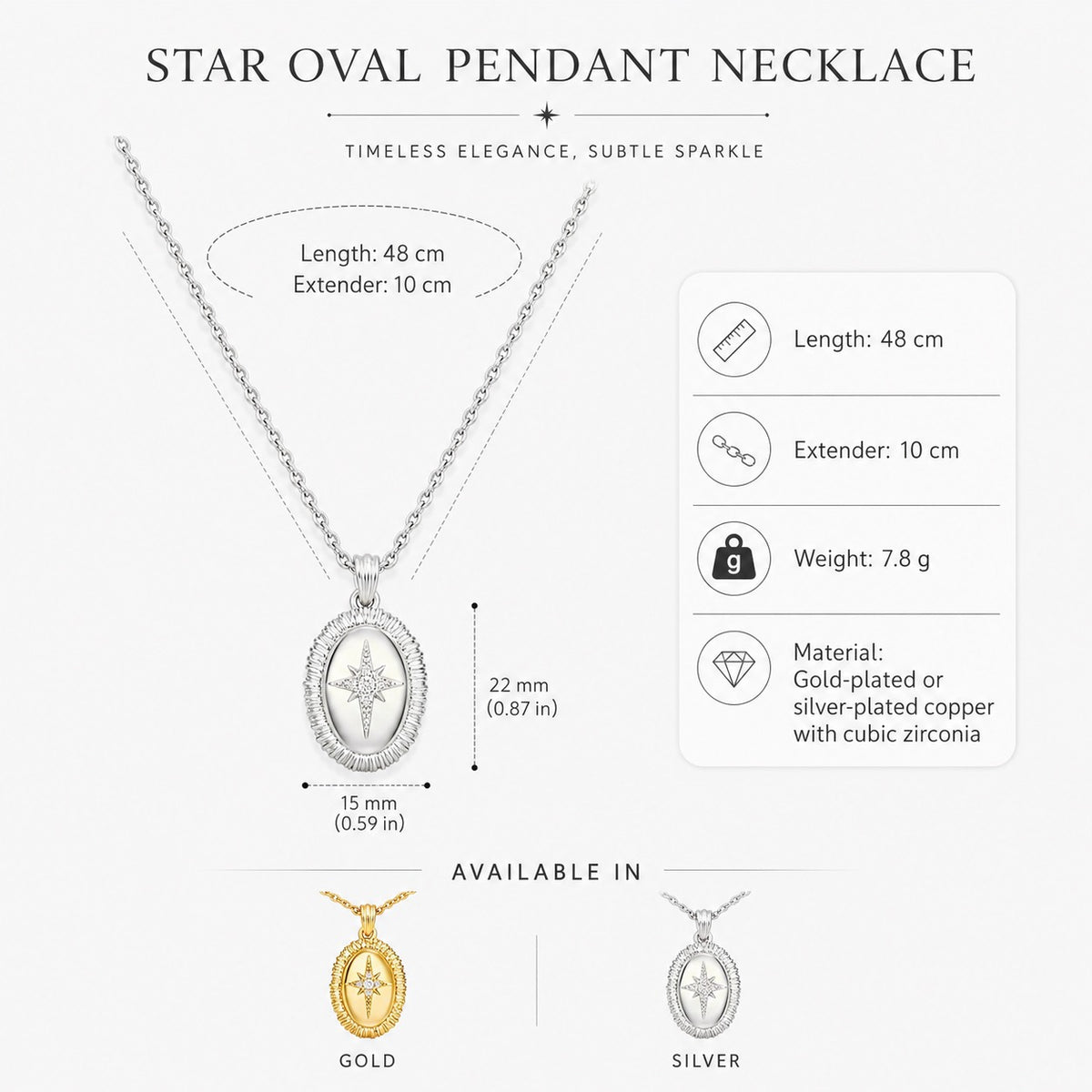 Size guide for Stella Oval Pendant Necklace with 48 cm length and 10 cm extender