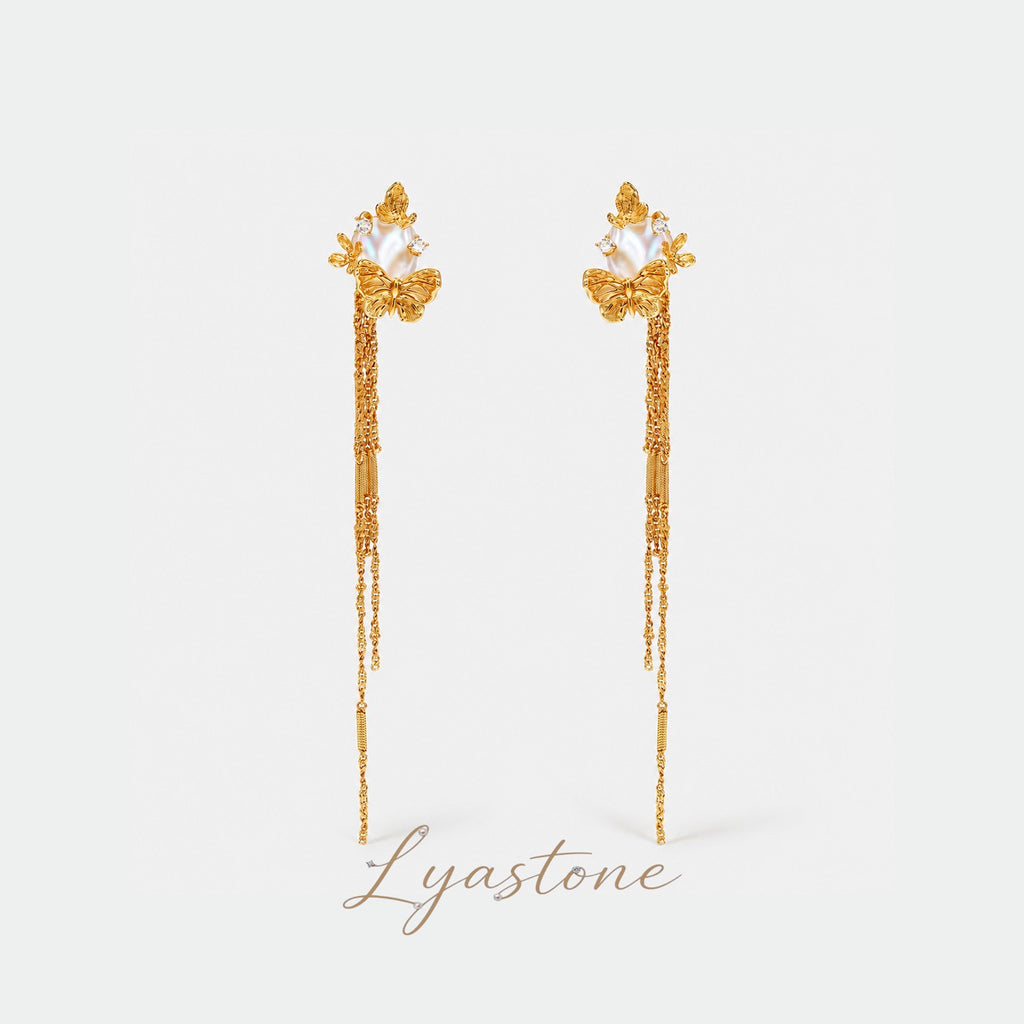 Sunlit Tide Butterfly Pearl Chain Earrings in gold by Lyastone