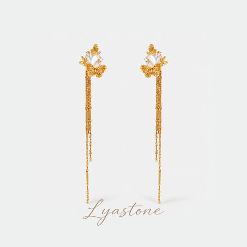 Sunlit Tide Butterfly Pearl Chain Earrings in gold by Lyastone