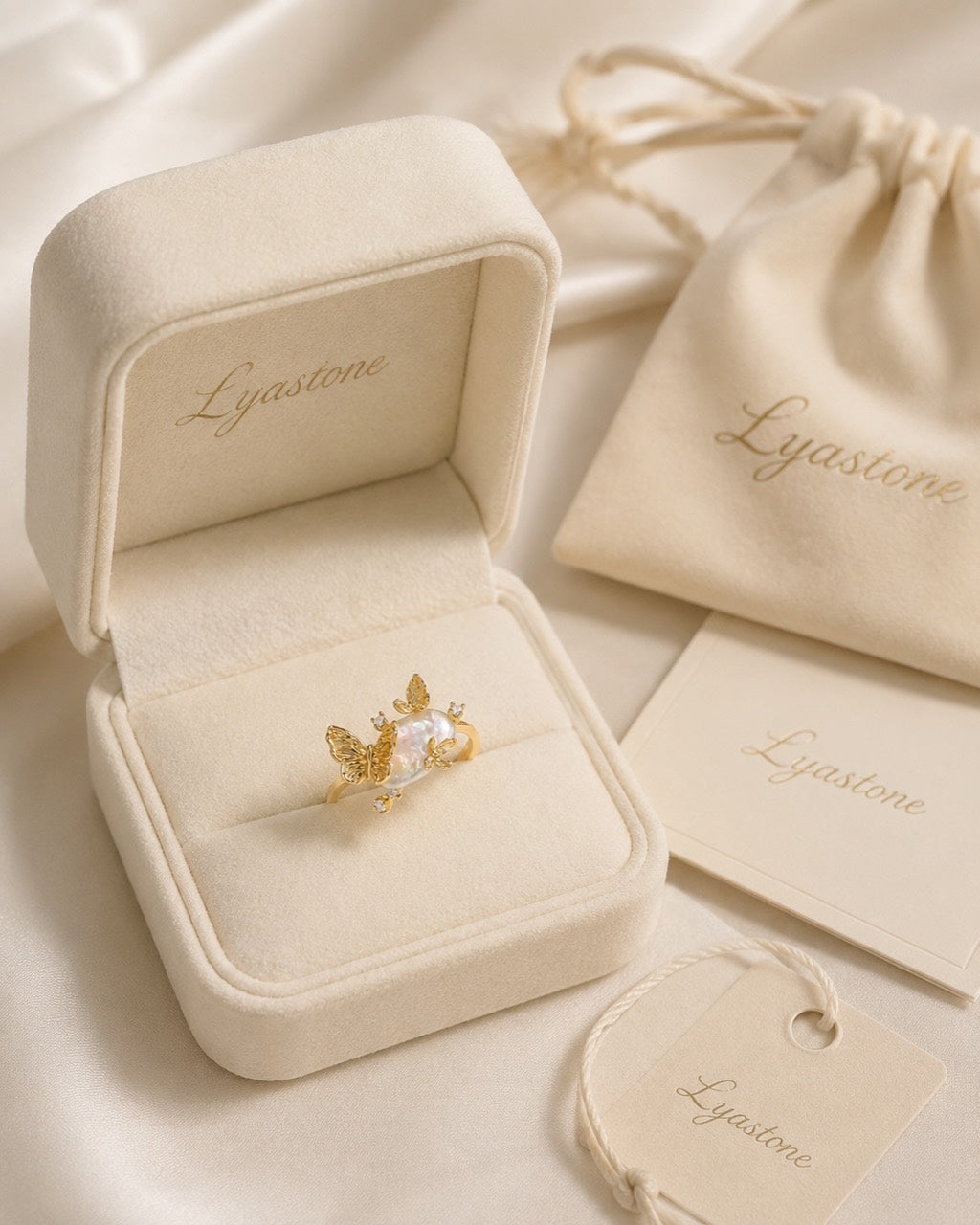 Sunlit Tide Butterfly Pearl Ring displayed in Lyastone gift packaging