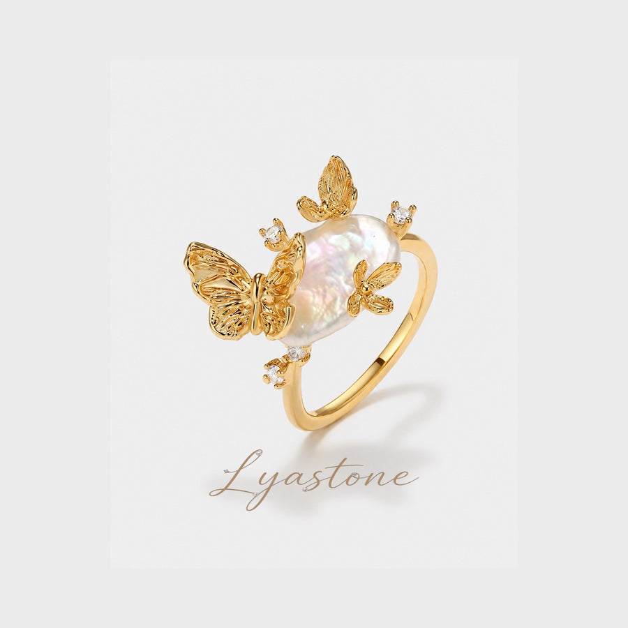 Sunlit Tide Butterfly Pearl Ring in gold with freshwater pearl by Lyastone