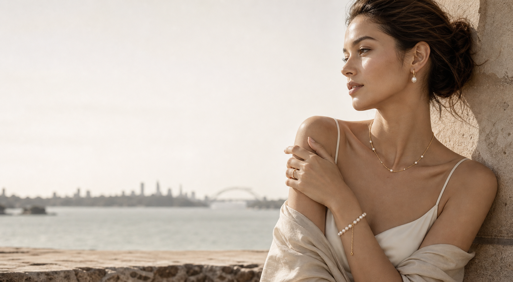 Lyastone Sydney editorial jewellery with pearl earrings gold necklace bracelet and zircon ring