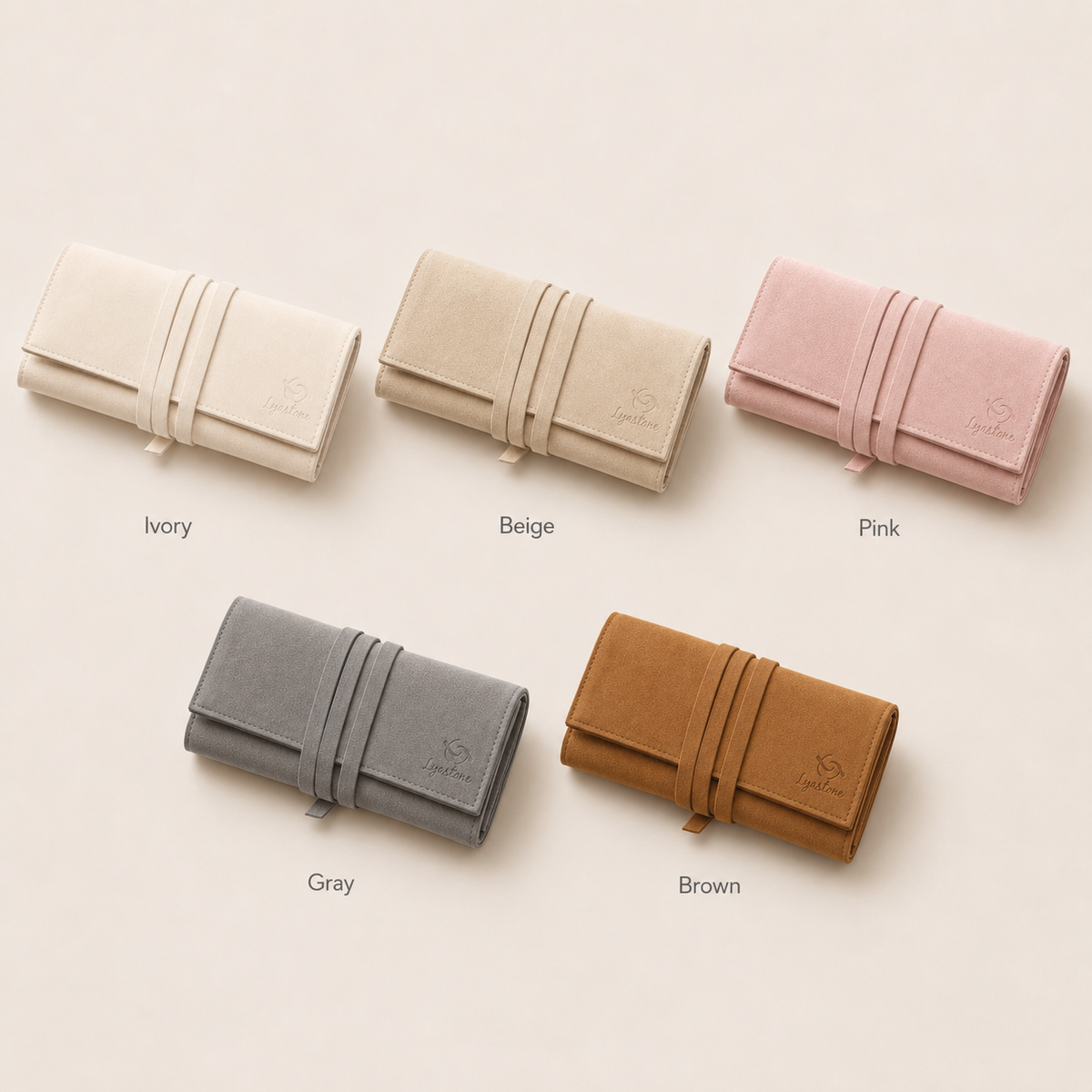 Lyastone travel jewellery roll colour options ivory beige pink gray brown