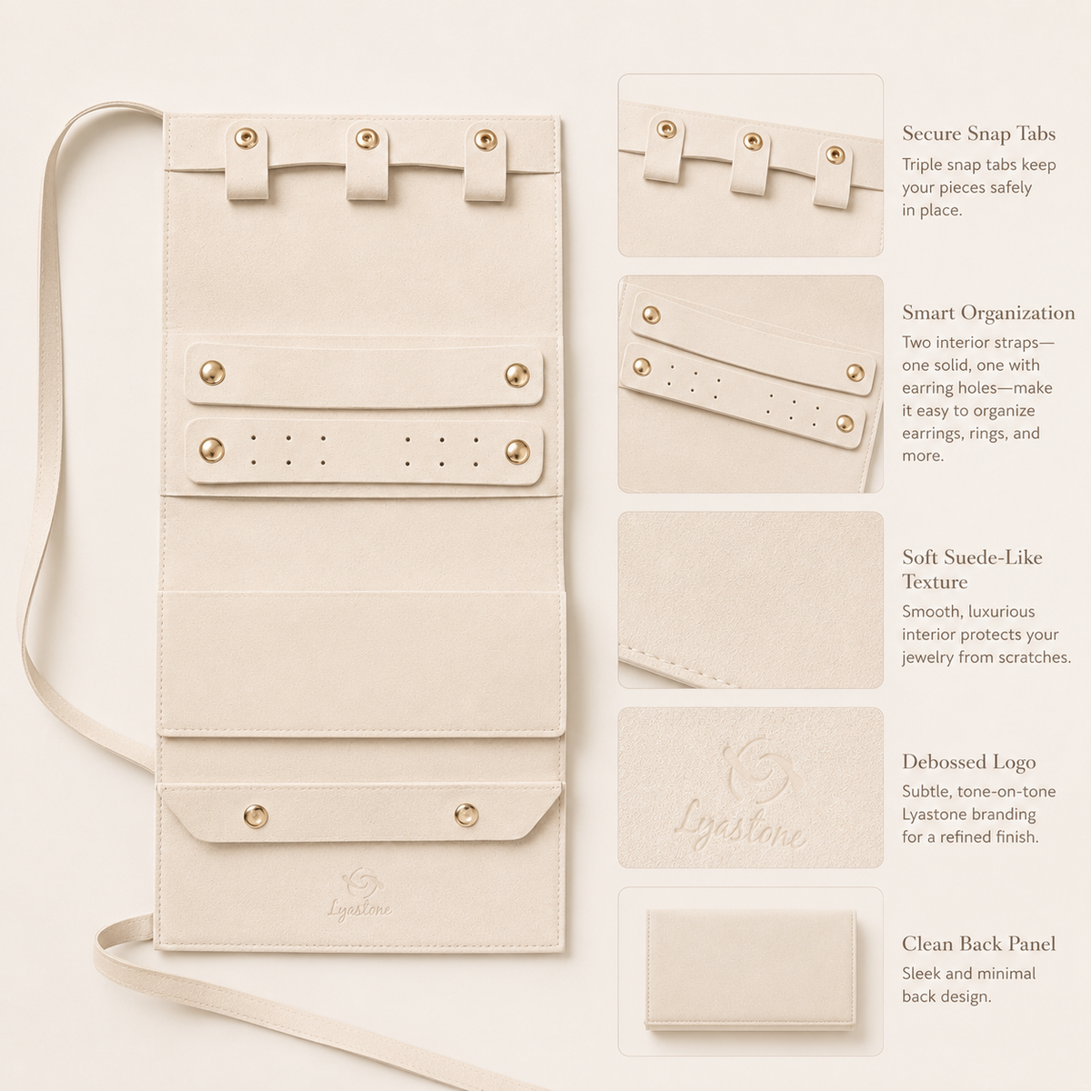 Lyastone travel jewellery roll interior compartments and snap tabs