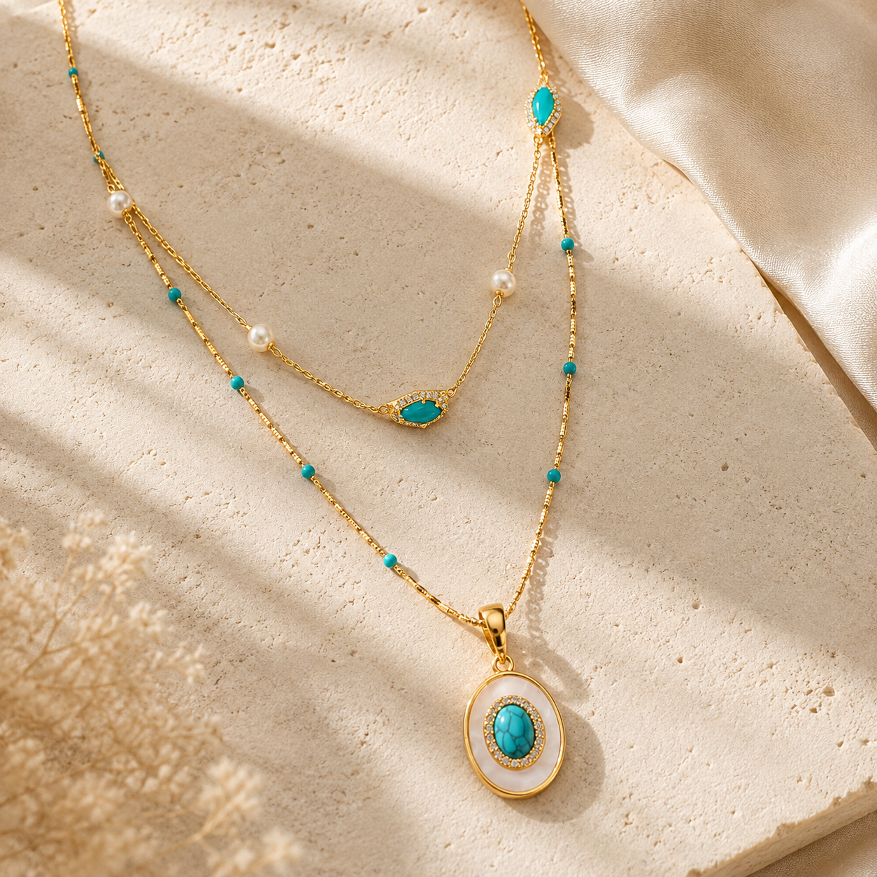 Lyastone Azure Solstice Layered Necklace on warm ivory travertine