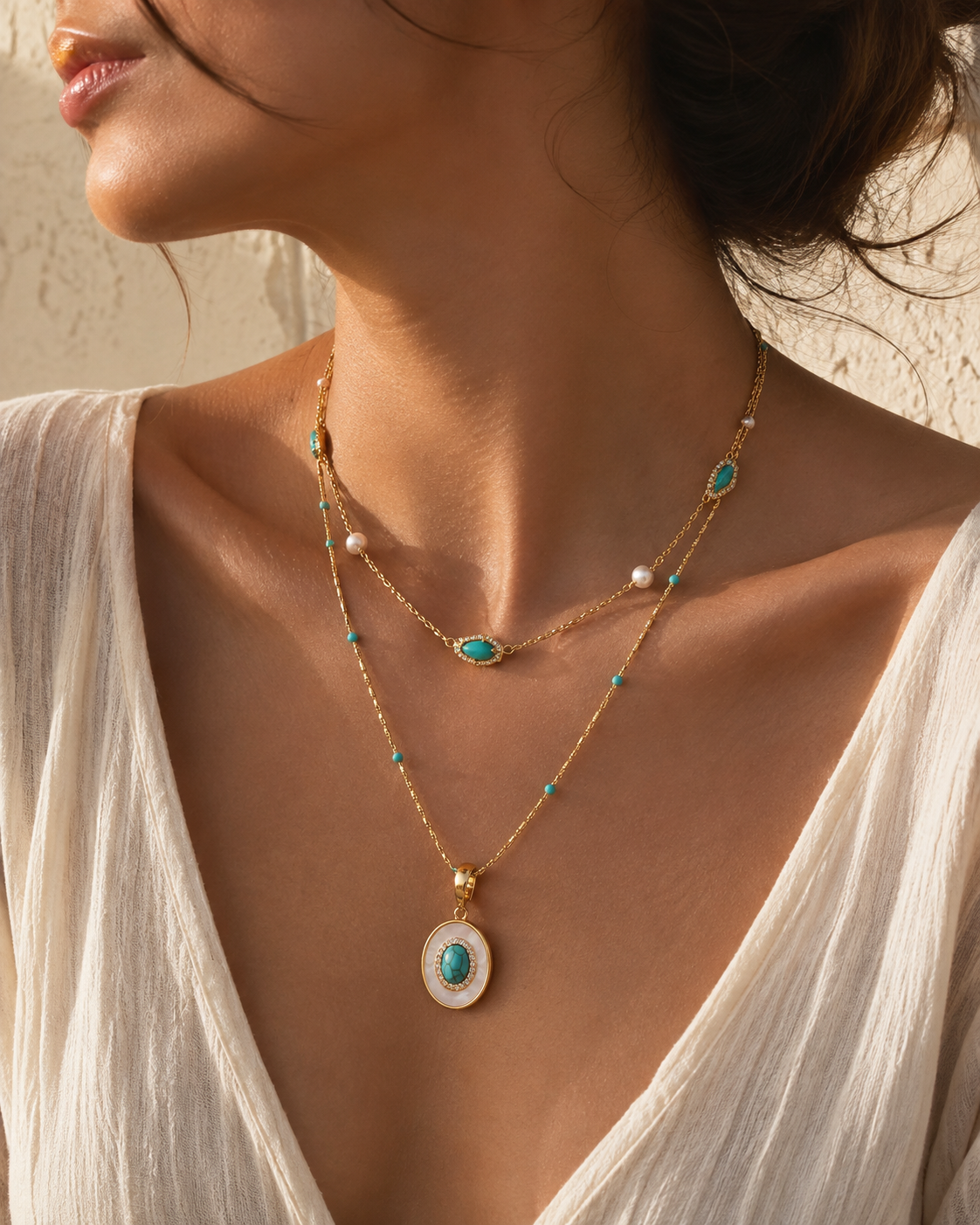 Azure Solstice Layered Necklace worn by model